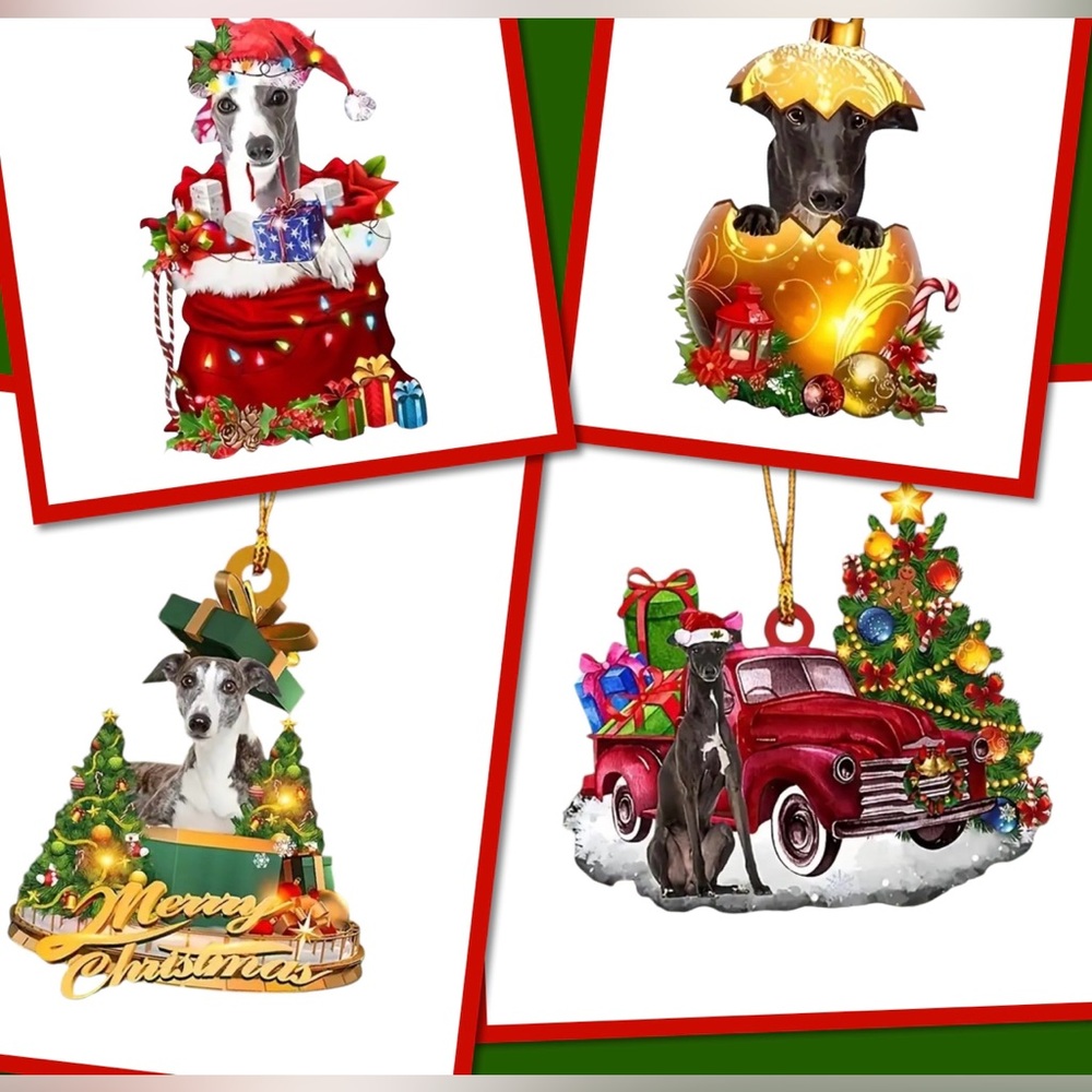 NEW Set of Four Greyhound Whippet Italian Greyhound Christmas Ornaments Gift Car